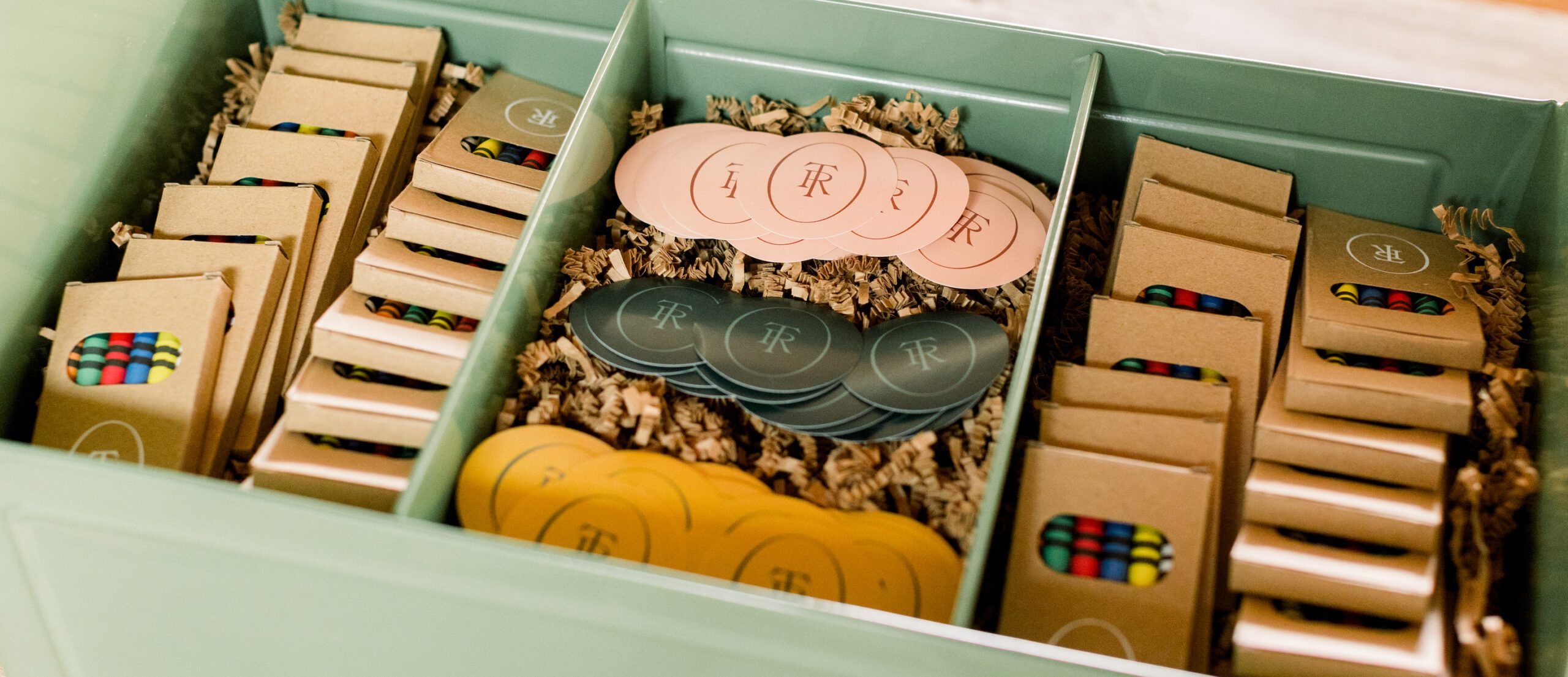stickers and pins in box